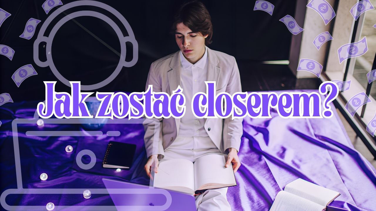 Realistyczna grafika przedstawiająca osobę uczącą się high ticket closingu przy laptopie i notatkach