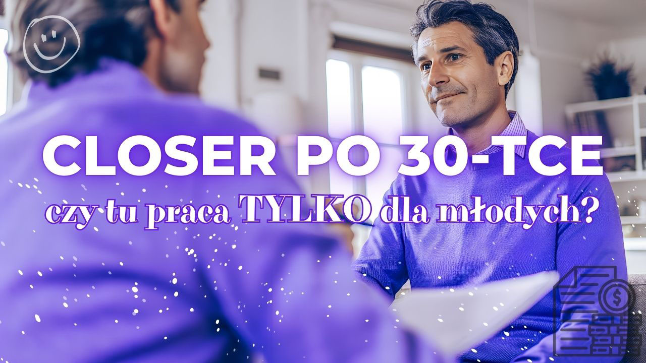 Closer po 30-tce prowadzący spokojną rozmowę z klientem w nowoczesnym, profesjonalnym otoczeniu