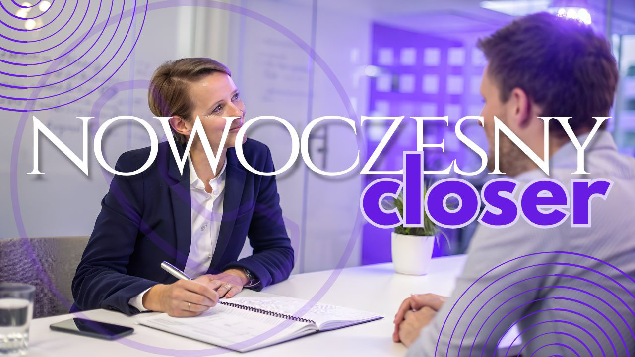 Realistyczna scena rozmowy sprzedażowej przedstawiająca closera sprzedaży rozmawiającego z klientem w nowoczesnym biurze