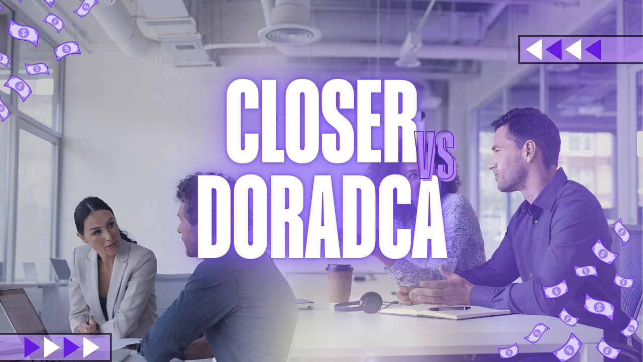 Realistyczna grafika przedstawiająca closera i doradcę klienta w rozmowach z klientami w nowoczesnym biurze