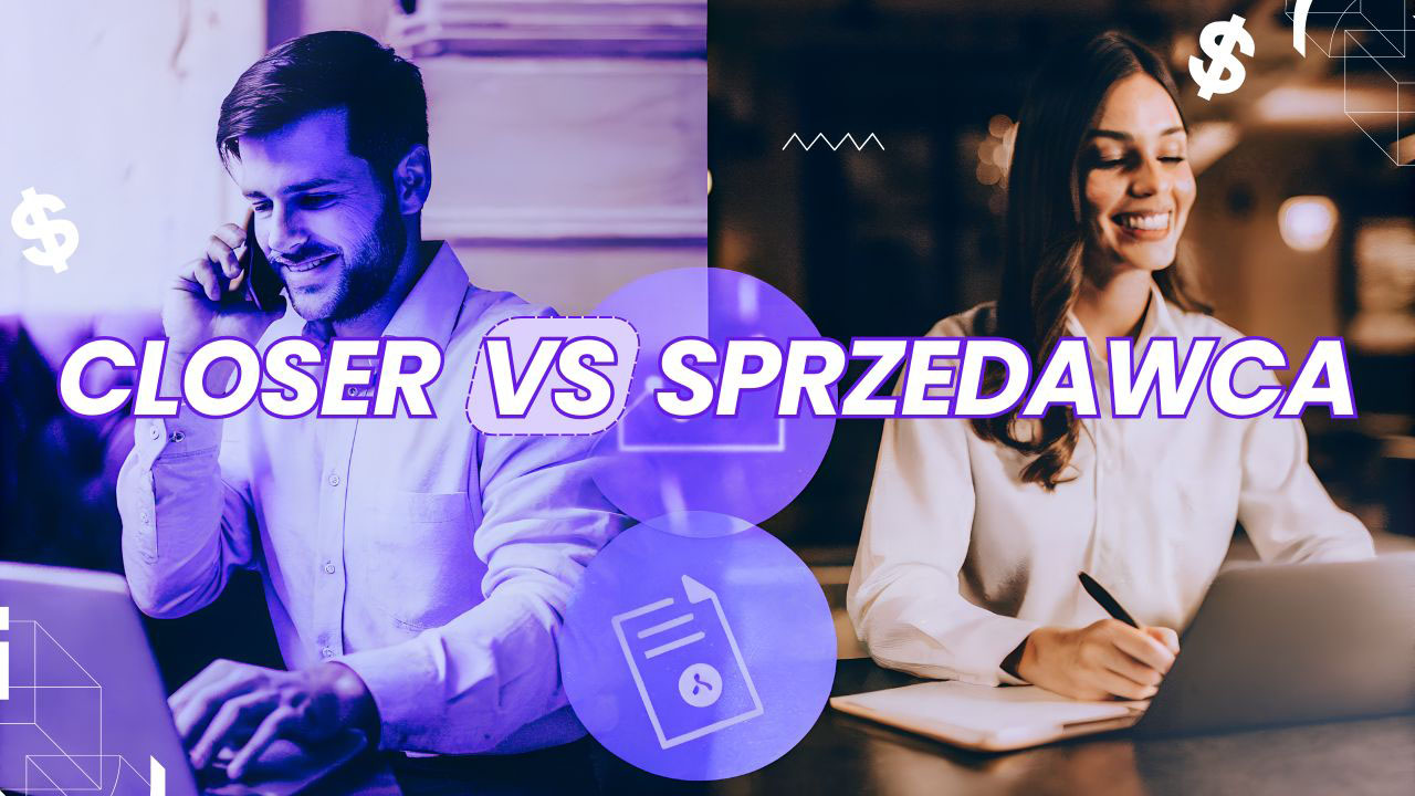 Realistyczna grafika przedstawiająca różnicę między closerem a klasycznym sprzedawcą w rozmowie z klientem