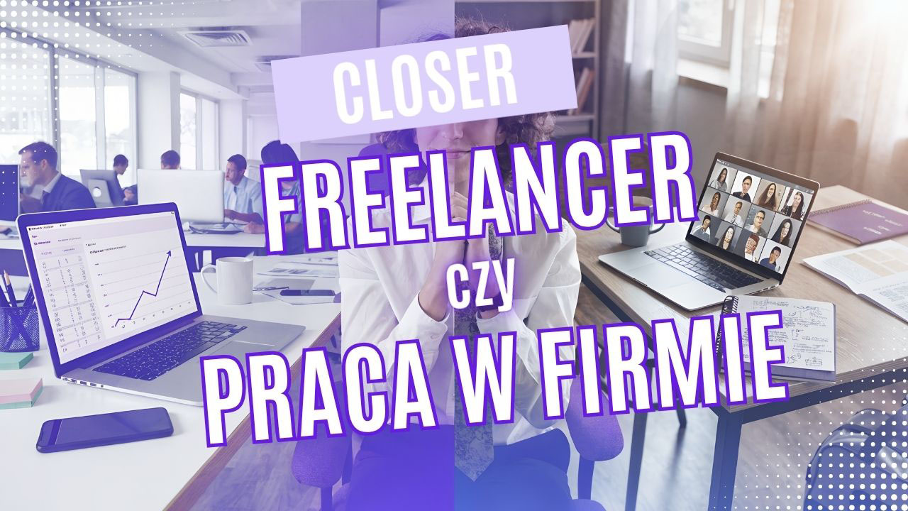 Realistyczna grafika przedstawiająca closera wybierającego między pracą w firmie a pracą jako freelancer w sprzedaży high-ticket.