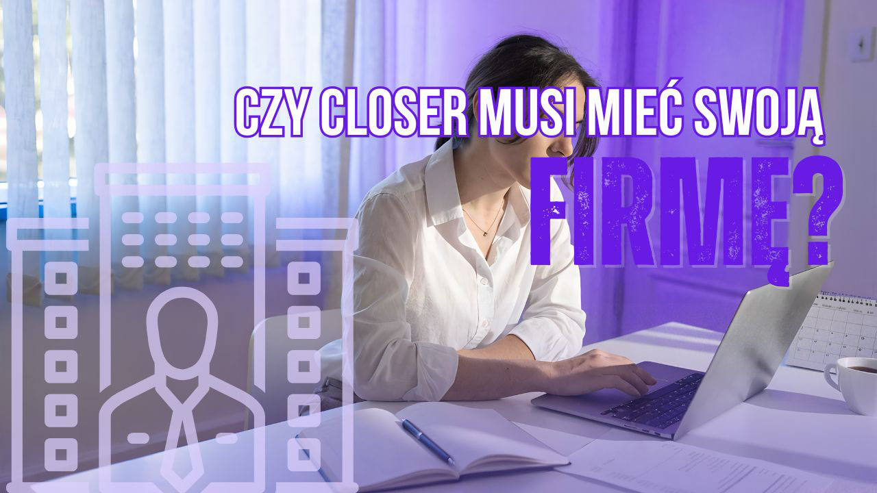 Realistyczna grafika przedstawiająca closera pracującego przy laptopie i dokumentach w nowoczesnym biurze