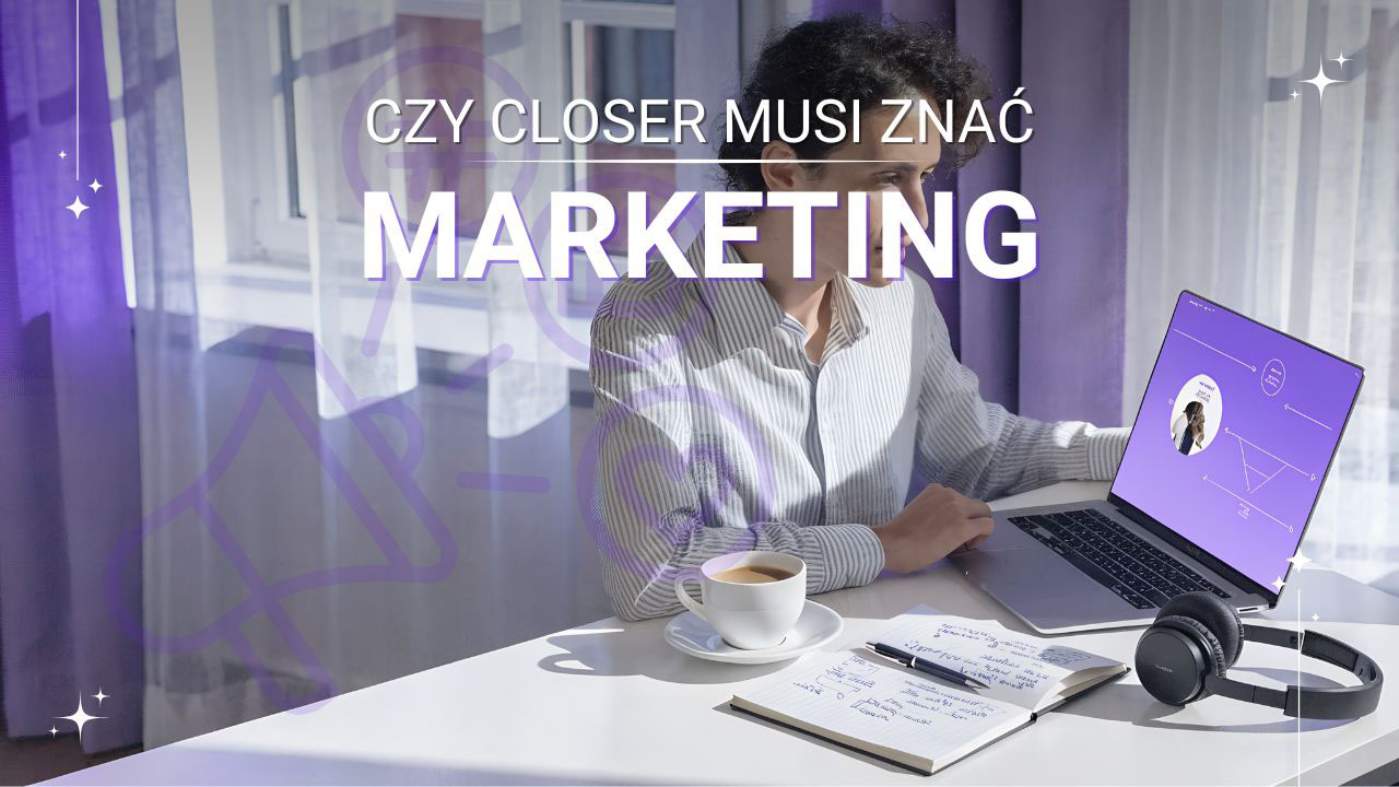 Realistyczna grafika przedstawiająca closera analizującego podstawy marketingu i rozmowy sprzedażowe przy laptopie