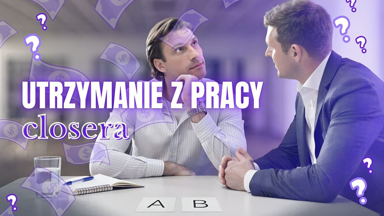 Realistyczna grafika przedstawiająca closera pracującego przy komputerze podczas rozmowy sprzedażowej w nowoczesnym biurze.