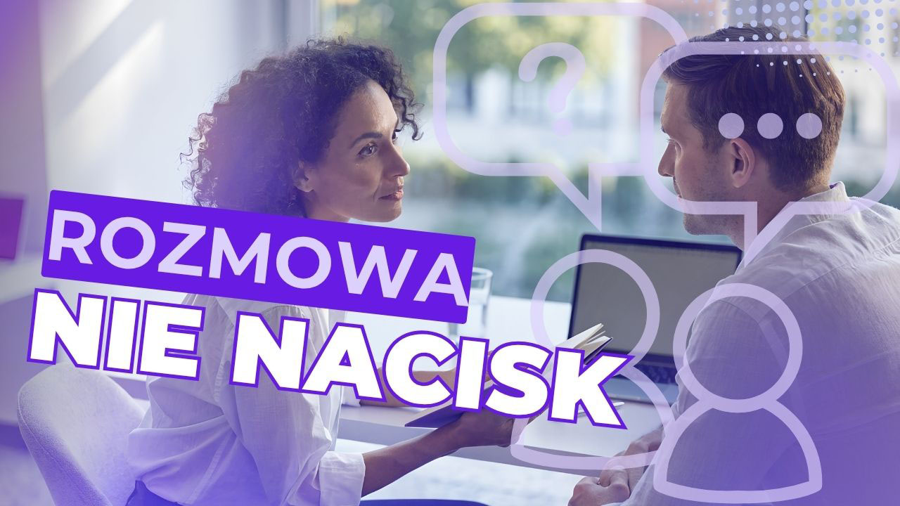 Realistyczna grafika przedstawiająca spokojną rozmowę closera z klientem, pokazująca że closing nie polega na wciskaniu produktu, tylko na słuchaniu, pytaniach i świadomej decyzji.