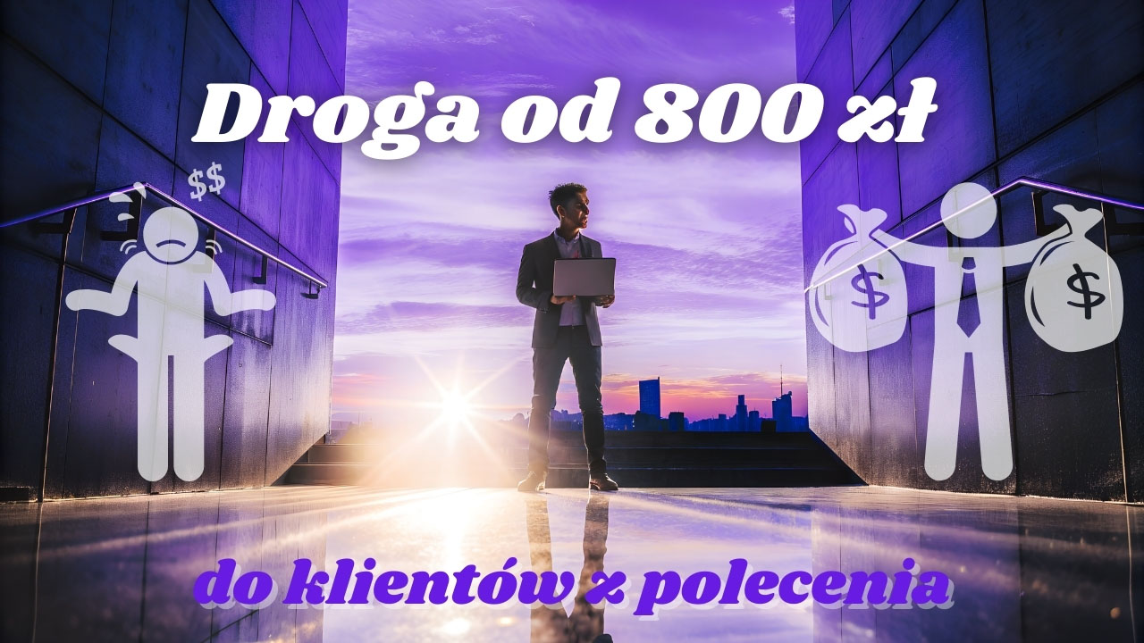 Realistyczna grafika przedsiębiorcy pracującego w kawiarni przy laptopie, symbolizująca drogę od startu z 800 zł do zdobywania klientów z polecenia