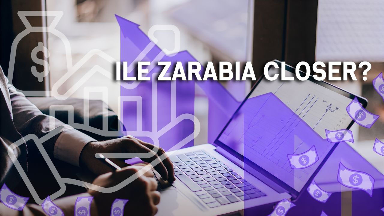 Realistyczna grafika przedstawiająca closera podczas codziennej pracy online przy laptopie i rozmowach z klientami