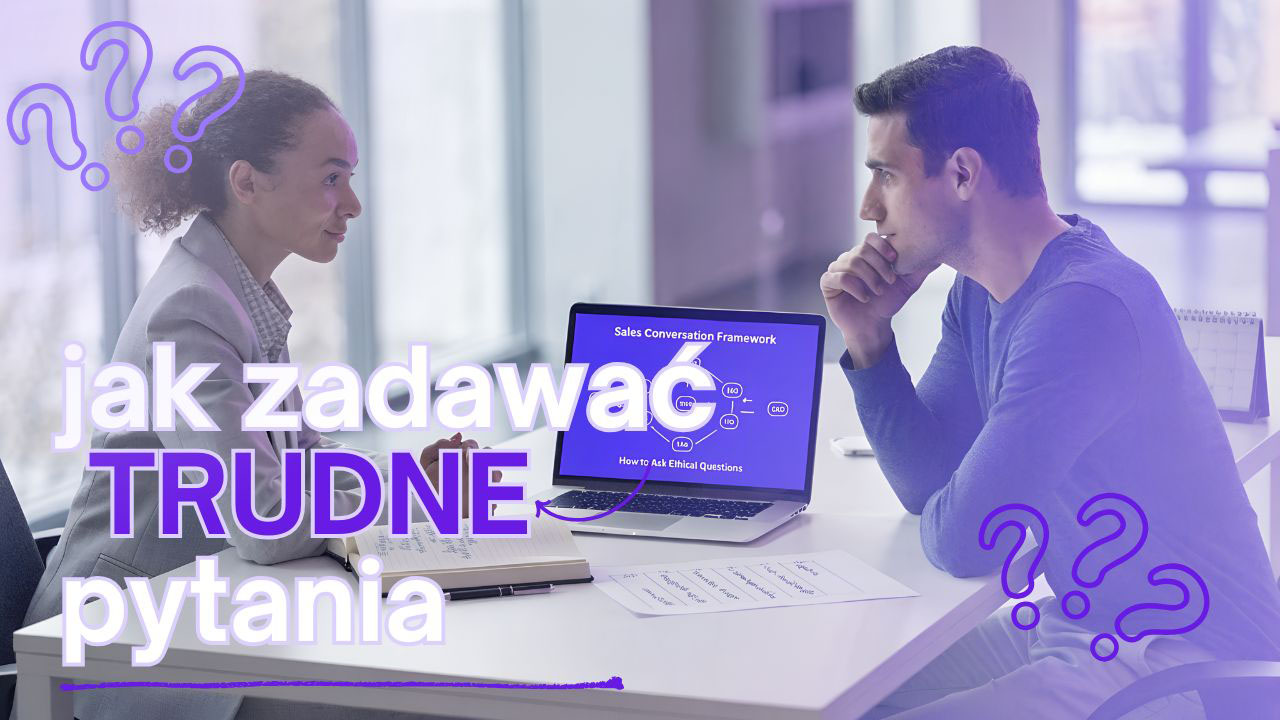 Realistyczna grafika przedstawiająca closera zadającego trudne pytania klientowi podczas spokojnej rozmowy sprzedażowej