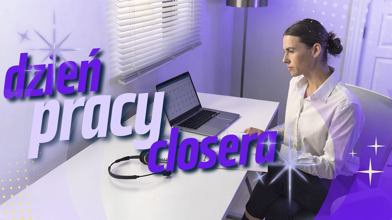 Realistyczna grafika przedstawiająca closera organizującego dzień pracy przy laptopie, kalendarzu i notatkach