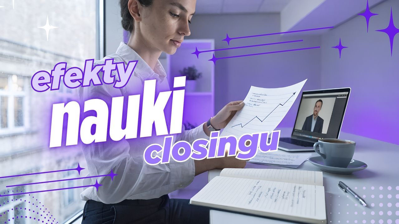 Realistyczna grafika przedstawiająca closera po nauce closingu, pracującego przy laptopie i przygotowującego się do rozmowy sprzedażowej
