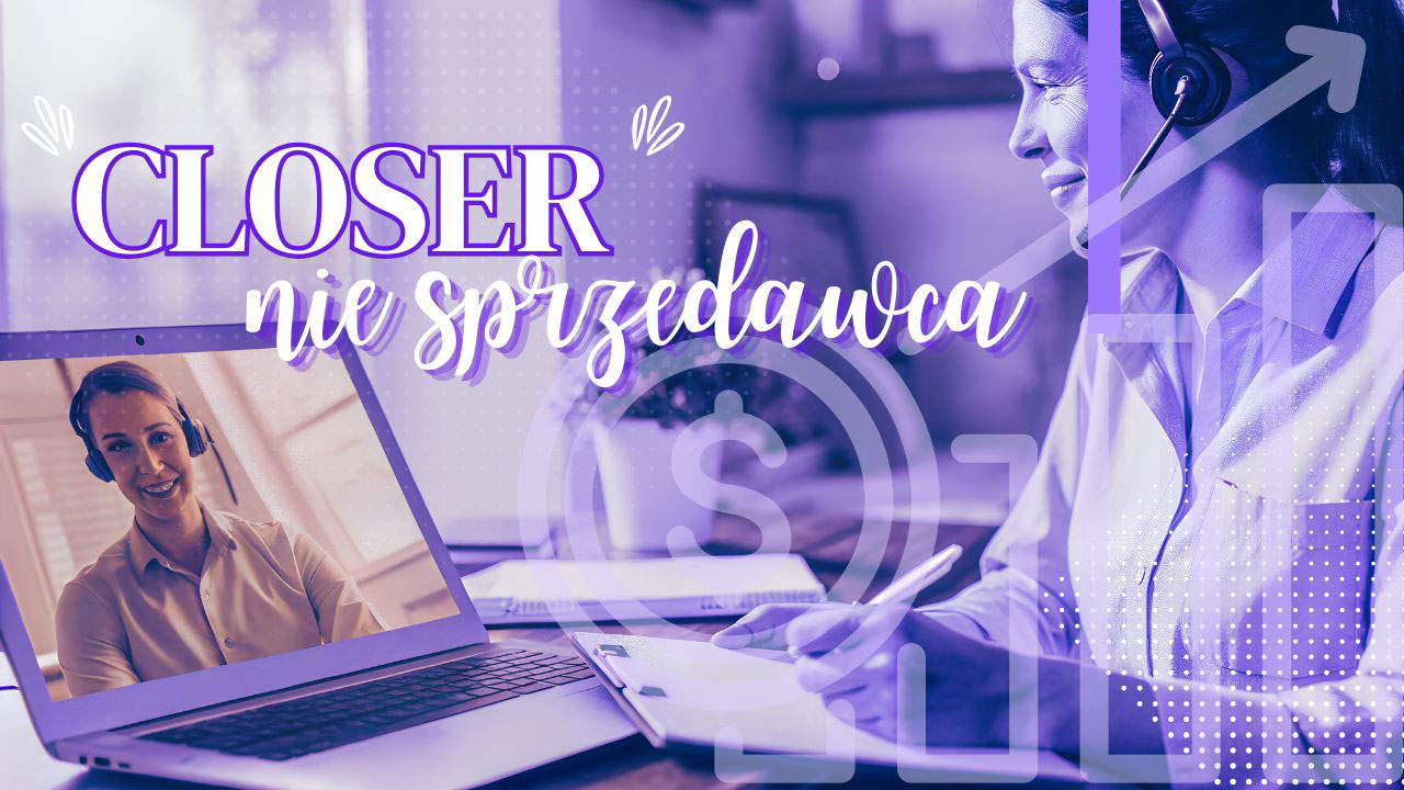 Realistyczna grafika przedstawiająca closera podczas spokojnej, nowoczesnej rozmowy online z klientem