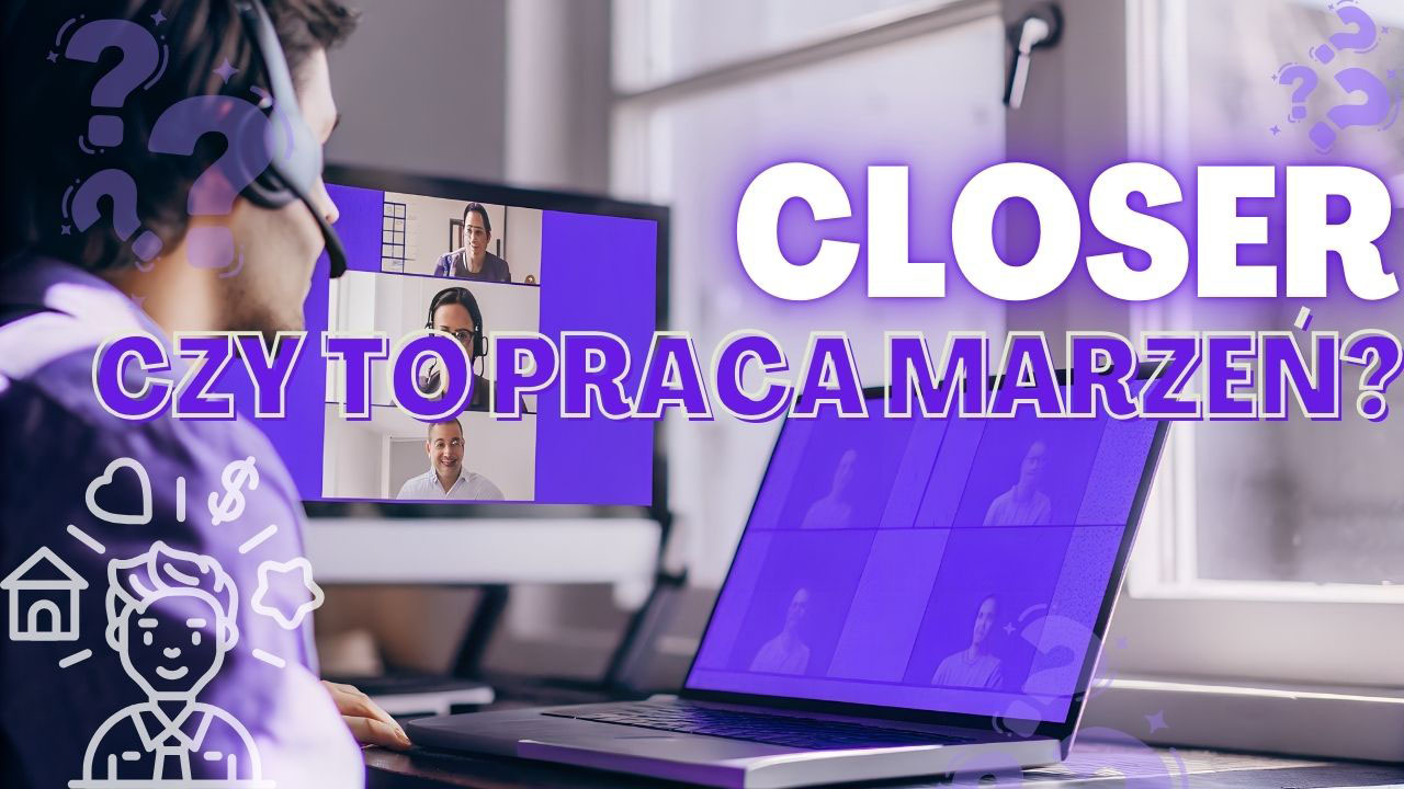 Closer prowadzący rozmowę sprzedażową online z klientem przy komputerze w domowym biurze.