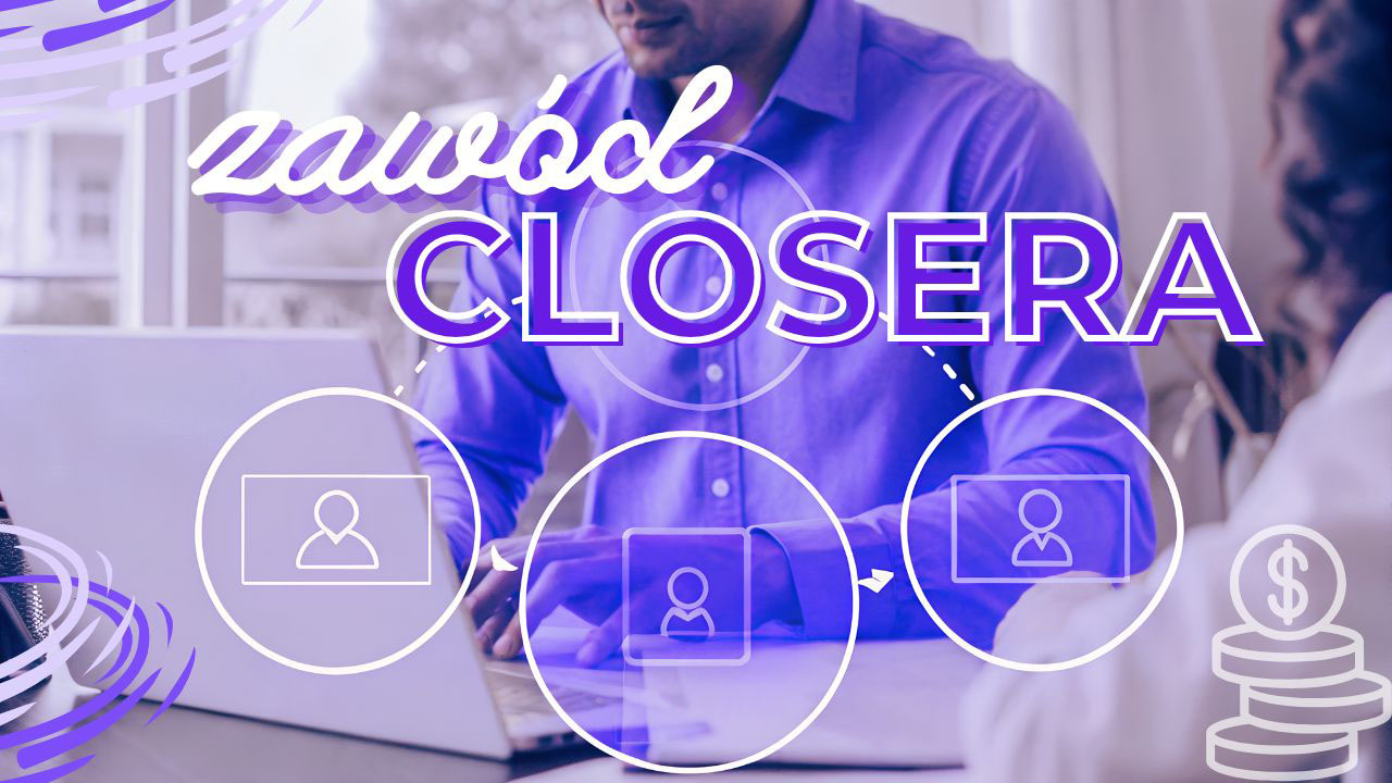 Realistyczna grafika przedstawiająca closera podczas spokojnej rozmowy online z klientem w nowoczesnym środowisku pracy