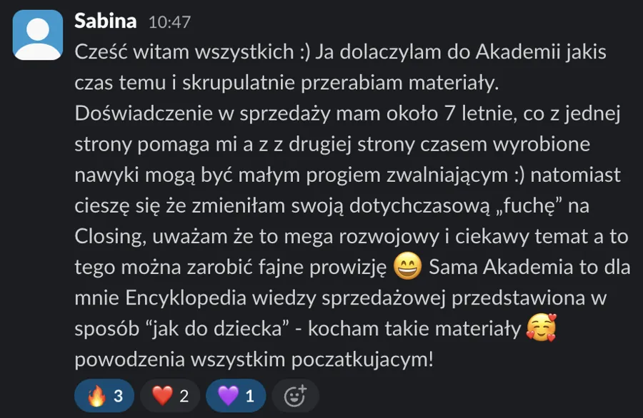 Post powitalny uczestnika Akademii: Sabina