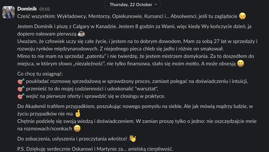 Post powitalny uczestnika Akademii: Dominik