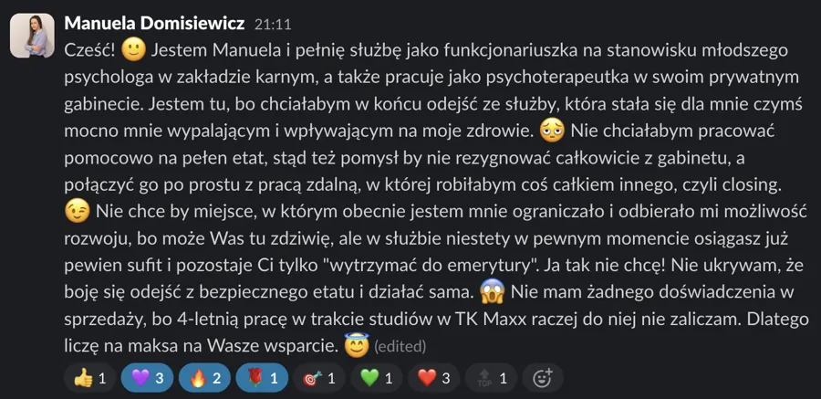 Post powitalny uczestnika Akademii: Manuela