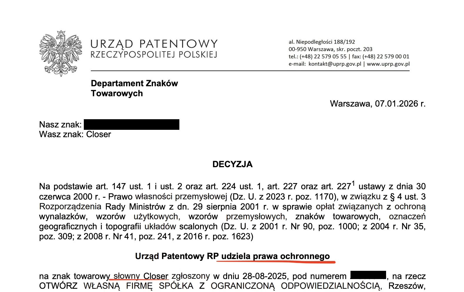 Decyzja Urzędu Patentowego RP z 7 stycznia 2026 r. o udzieleniu prawa ochronnego na znak towarowy słowny Closer